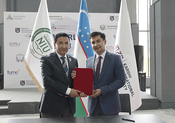 “World Edu-2023” xalqaro ta'lim ko'rgazmasi doirasida Navoiy Innovatsiyalar Universiteti va Qarshi xalqaro universiteti o'rtasida hamkorlik memorandumi imzolandi.